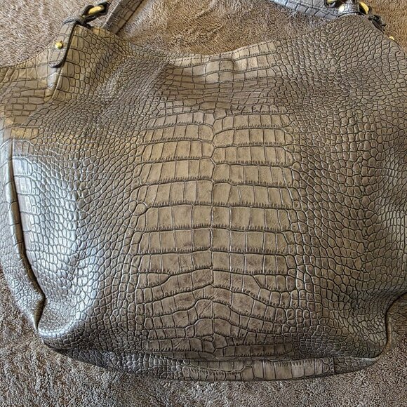 Brahmin Melbourne Anne Hobo Bag Croc Embossed Leather Shoulder Tote Gray Taupe - Picture 3 of 16